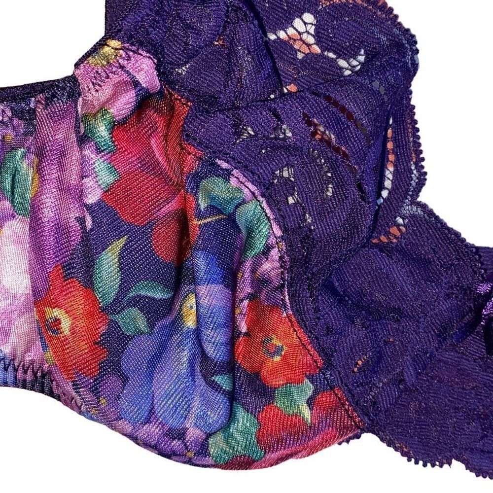 VTG Vintage Vanity Fair 1980s EUC Bra Purple Floral Lace Colorful Dopamine 34B - Picture 3 of 10
